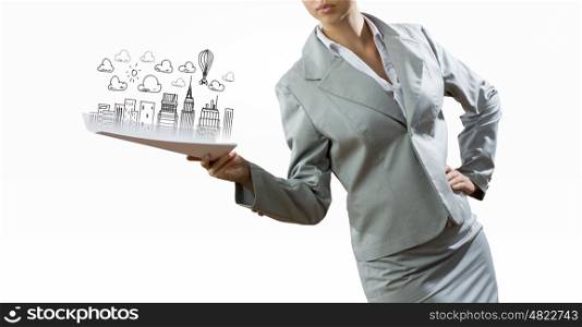 Business plan. Businesswoman against sketch background. New idea and strategy