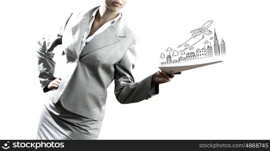 Business plan. Businesswoman against sketch background. New idea and strategy