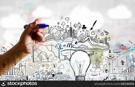 Business plan. Close up of businessman drawing business sketches on screen