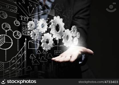 Business plan. Close up of businesswoman holding gears in hand