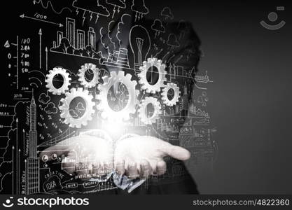 Business plan. Close up of businesswoman holding gears in hand