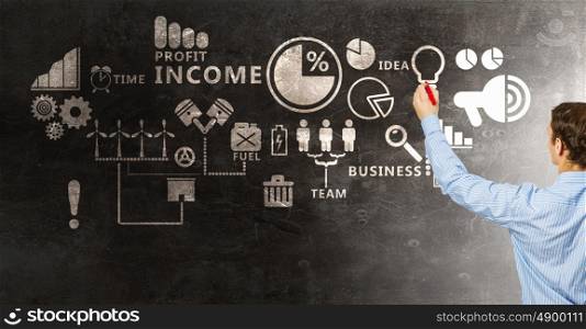 Business plan for money earning. Businessman standing with back and drawing business income strategy