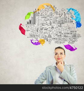 Business plan. Image of thoughtful businesswoman with business sketch at background