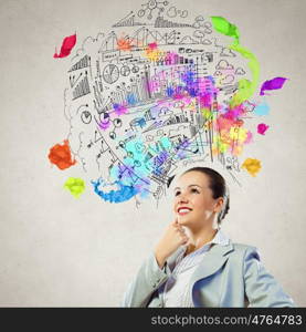 Business plan. Image of thoughtful businesswoman with business sketch at background