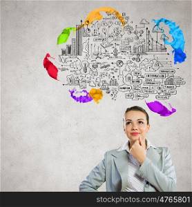 Business plan. Image of thoughtful businesswoman with business sketch at background