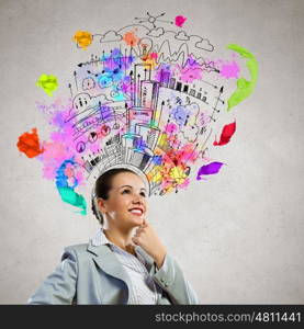 Business plan. Image of thoughtful businesswoman with business sketch at background