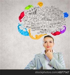 Business plan. Image of thoughtful businesswoman with business sketch at background