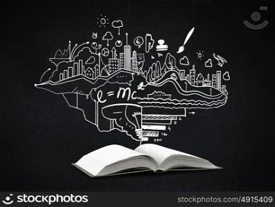 Business plan. Opened book with business sketches over black background