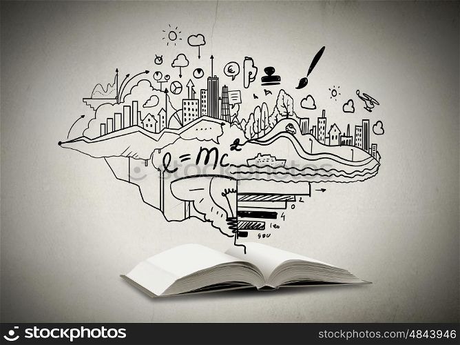 Business plan. Opened book with business sketches over white background
