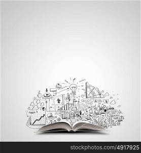 Business plan. Opened book with business sketches over white background