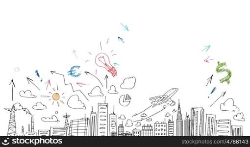Business plan sketch. Background image with business strategy drawings. Marketing idea
