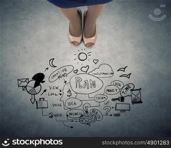 Business plan. Top view of businesswoman feet and sketches on floor