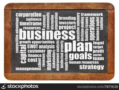 business plan word cloud on a vintage slate blackboard isolated on white