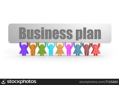 Business plan word on a banner hold by group of puppets, 3D rendering