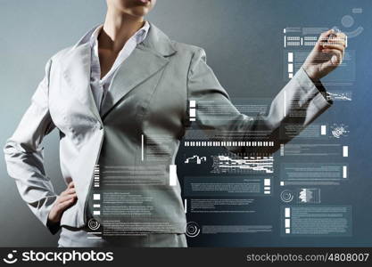 Business planing. Body of businesswoman drawing business strategy sketches