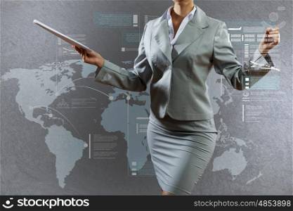 Business planing. Body of businesswoman drawing business strategy sketches