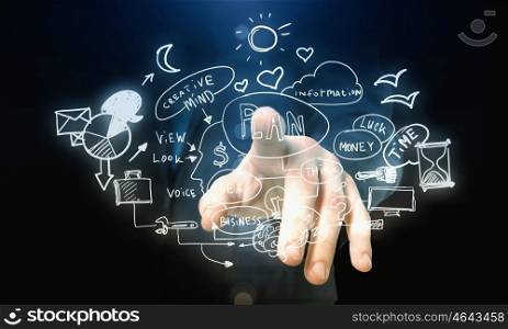 Business planning. Male hand pointing with finger at business plan on screen