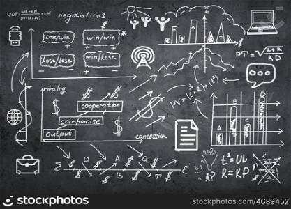 Business planning seminar. Background image with chalk drawn business strategy plan on board