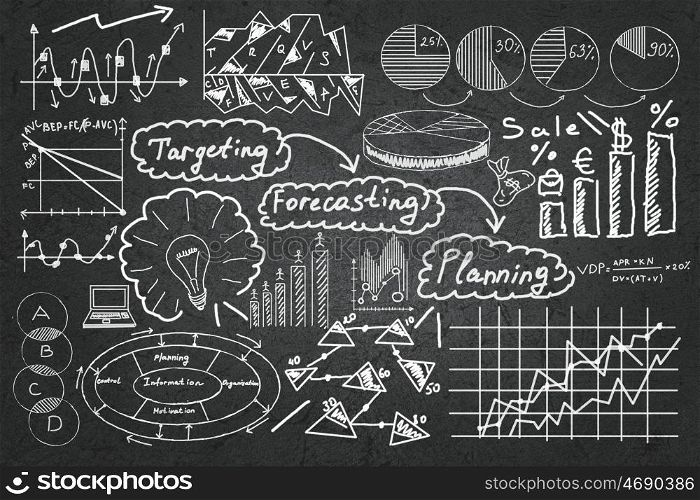 Business planning seminar. Background image with chalk drawn business strategy plan on board