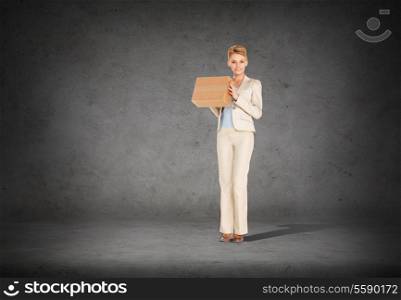 business, post office and transportation concept - attractive businesswoman delivering cardboard box