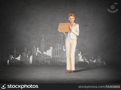 business, post office and transportation concept - attractive businesswoman delivering cardboard box