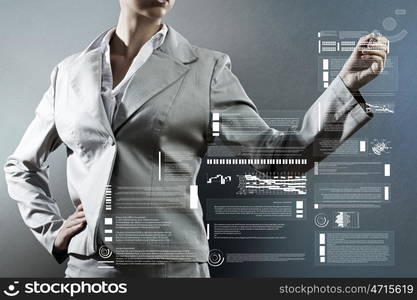 Business presentation. Bottom view of businesswoman drawing business sketches