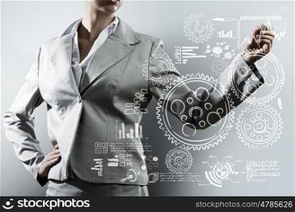 Business presentation. Bottom view of businesswoman drawing business sketches
