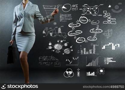 Business presentation. Bottom view of businesswoman drawing business sketches