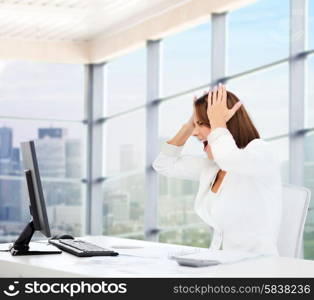business, problem, crisis, stress and education concept - businesswoman screaming in front of computer over office window background