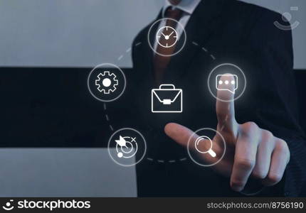 Business process closeup concept image with white glyph icons. Work message. Front view photo of businessman touching screen on background. Picture for web banner, infographics, blog, news and article. Business process closeup concept image with white glyph icons