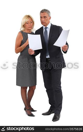 Business professionals comparing documents