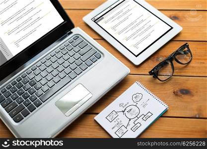 business, programming and technology concept - close up of on laptop computer, tablet pc, notebook and eyeglasses with scheme and coding on wooden table