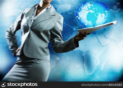 Business project. Businesswoman holding papers in hand and media background