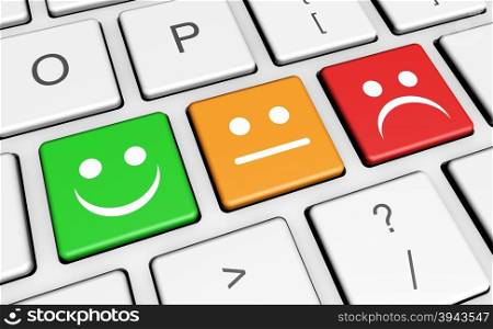 Business quality service customer feedback, rating and survey keys with smiling face symbol and icon on computer keyboard.