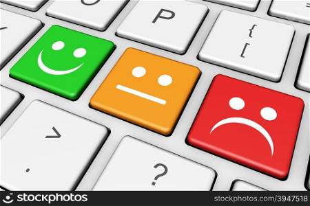Business quality service customer feedback, rating and survey keys with smiling face symbol and icon on computer keyboard.