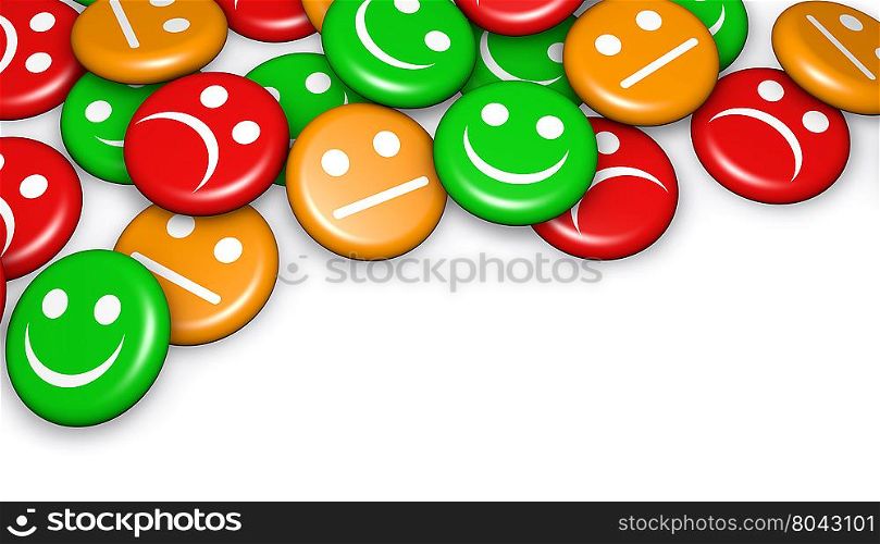 Business quality service customer feedback, rating and survey with happy and not smiling face emoticon symbol and icon on badges button with copyspace.