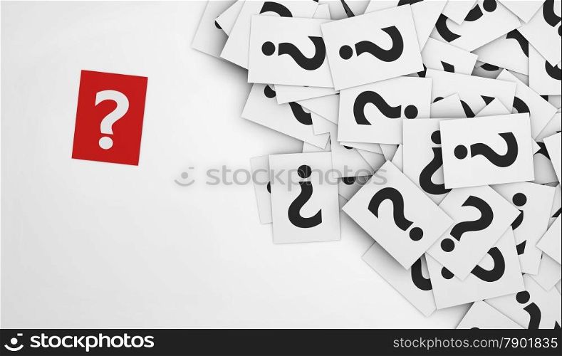 Business questions concept with a question mark symbol on a red paper and a multitude of question marks signs on scattered white papers.