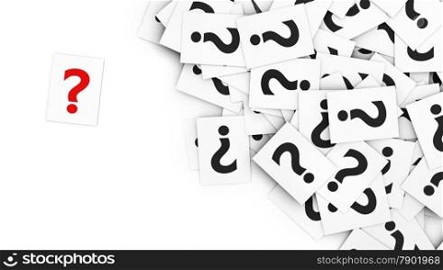 Business questions concept with a red question mark symbol on a note paper and a multitude of question marks signs on scattered white note papers.