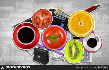 Business refreshment. Conceptual image with business items and fresh fruits