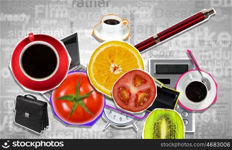 Business refreshment. Conceptual image with business items and fresh fruits