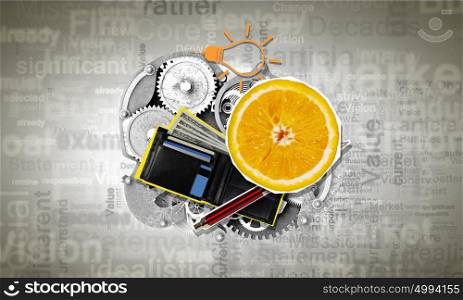 Business refreshment. Conceptual image with business items and fresh fruits