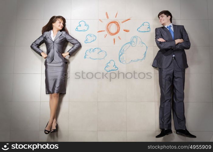 Business relations. Funny businessman and woman lying on floor. Competition concept