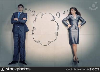 Business relations. Funny businessman and woman lying on floor. Competition concept