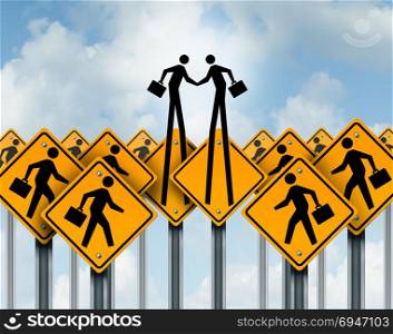 Business relationship agreement and out of the box corporate success solutions as people in signs emerging to shake hands as a3D illustration.
