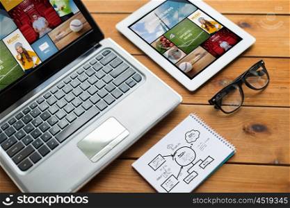 business, responsive design and technology concept - close up of on laptop computer, tablet pc, notebook and eyeglasses with web news and scheme on wooden table