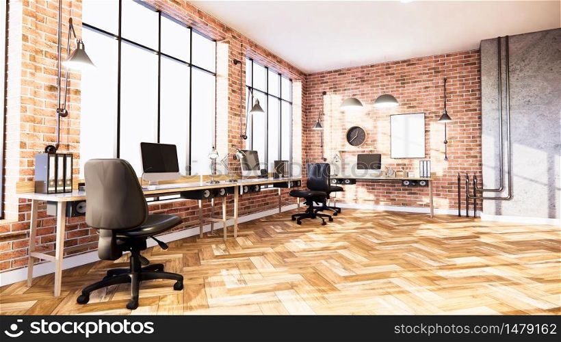 Business room Empty Loft style with white brick and concrete wall design loft style.3D rendering