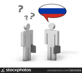 Business Russian concept with a funny conversation between two 3d people on white background. The man with the flag of Russia speaks a correct language, the other one no.
