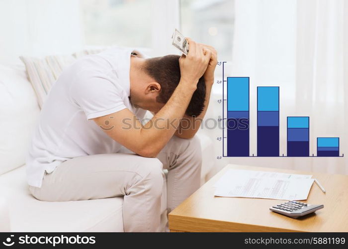 business, savings, financial crisis and people concept - upset man with money and calculator at home