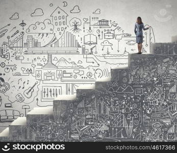 Business seminar. Back view of businesswoman drawing business strategy sketch on wall