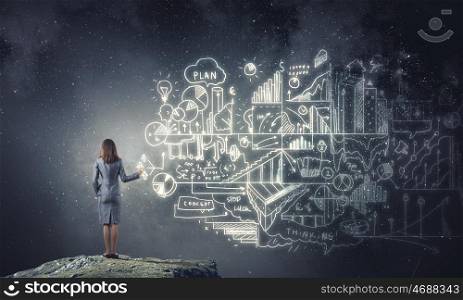 Business seminar. Back view of businesswoman drawing business strategy sketch on wall